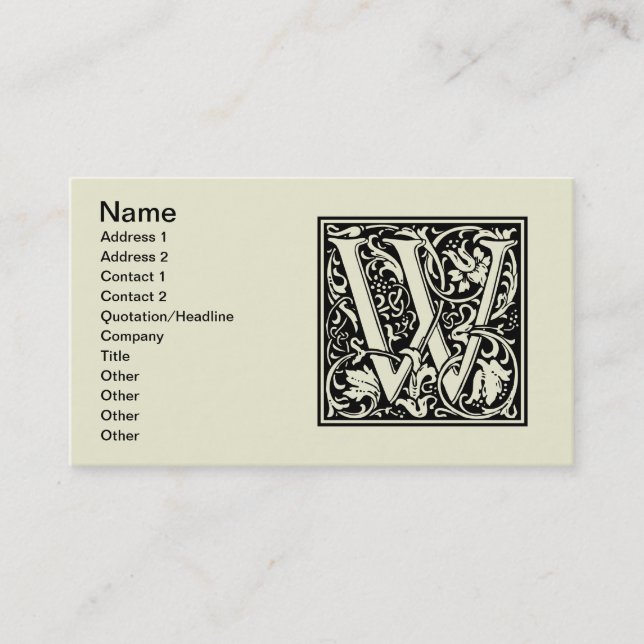 Letter W Mediaeval Monogram Art Nouveau Business Card (Front)