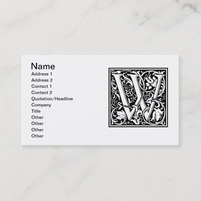 Letter W Mediaeval Monogram Art Nouveau Business Card (Front)