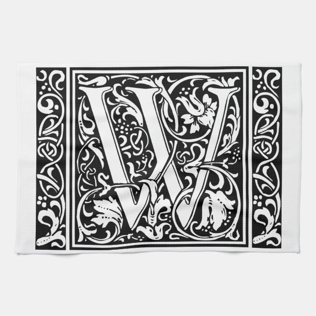Letter W Mediaeval Monogram Art Nouveau Tea Towel (Horizontal)