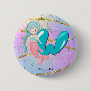 Letter W Monogram Watercolor Cute Mermaid Nursery 6 Cm Round Badge