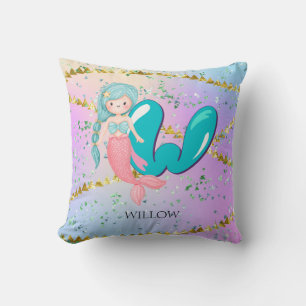 Letter W Monogram Watercolor Cute Mermaid Nursery Cushion