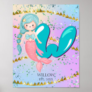 Letter W Monogram Watercolor Cute Mermaid Nursery Poster