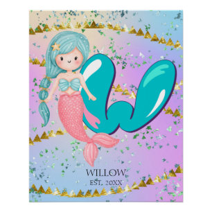 Letter W Monogram Watercolor Cute Mermaid Nursery Poster