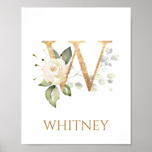 Letter W Monogram white cream rose Nursery Poster