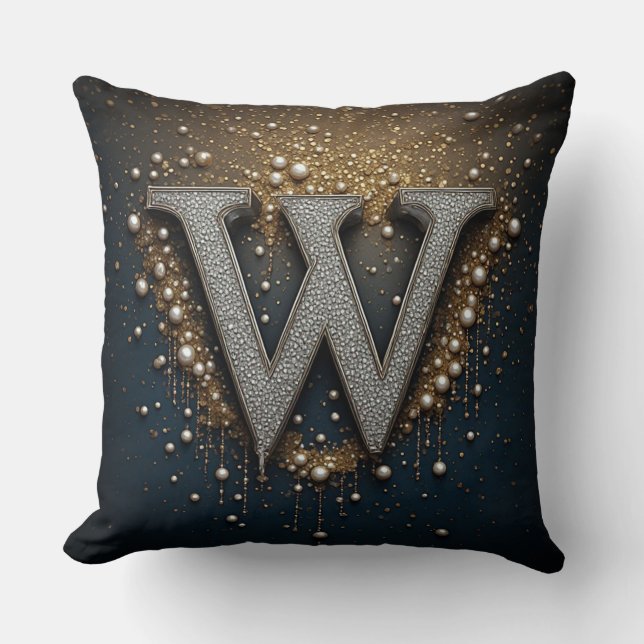 Letter W Monogram With Diamonds Pearls Cushion (Front)