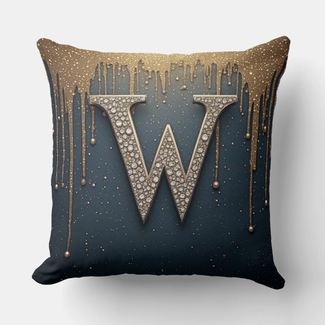 Letter W Monogram With Diamonds Pearls Cushion (Front)