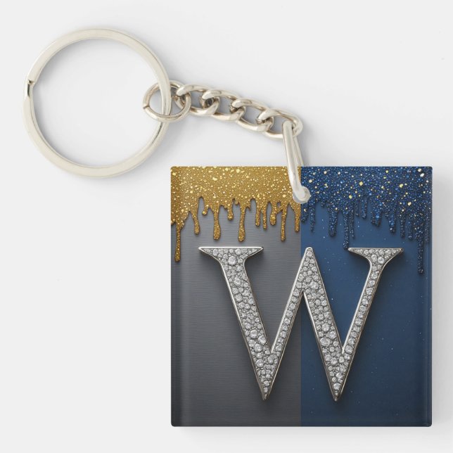 Letter W Monogram With Diamonds Pearls Key Ring (Front)