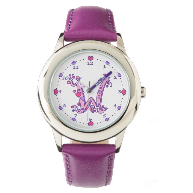 Letter W pink monogram personalised girls watch (Front)
