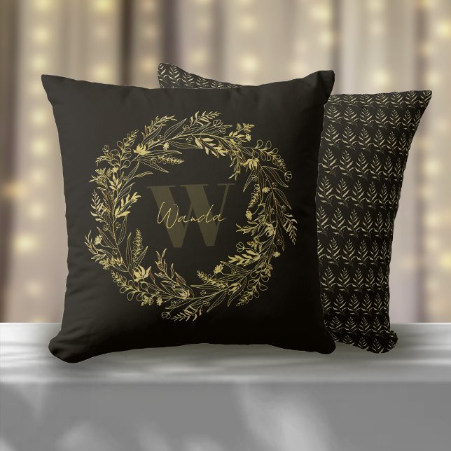 Letter W Warm Gold Botanical Monogram Cushion (Creator Uploaded)