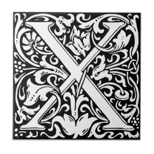 Letter X art nouveau black and white Tile