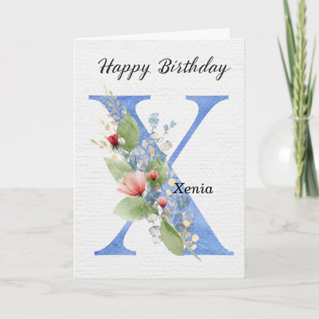 Letter X Birthday Custom Name Her Blue Monogram Card (Front)