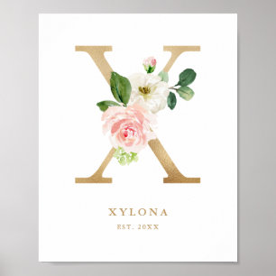 Letter X Blush Floral Monogram Gold Foil Nursery Poster