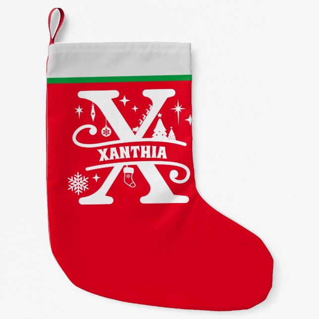 Letter X Christmas Monogram Initial Name Red White Small Christmas Stocking (Front)