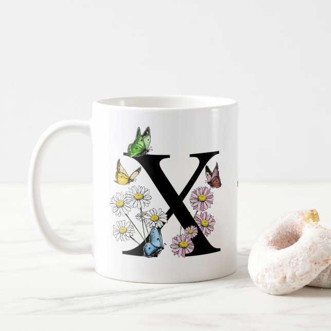 Letter X Floral Butterfly Monogram Initial    Coffee Mug (With Donut)