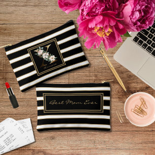 Letter X Floral Monogram Black White Gold Stripes Accessory Pouch