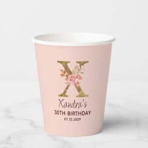Letter X Gold Monogram Blush Pink Roses Paper Cups