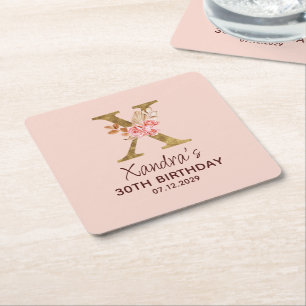 Letter X Gold Monogram Blush Pink Roses Square Paper Coaster