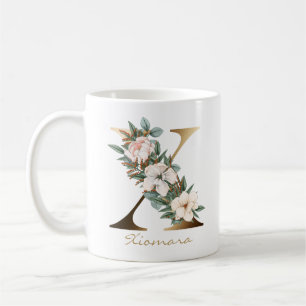 Letter X Gold Monogram White Blush Orange Floral Coffee Mug