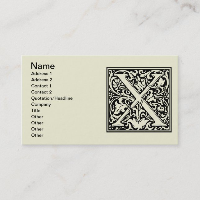 Letter X Mediaeval Monogram Art Nouveau Business Card (Front)