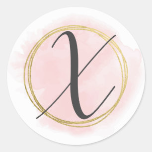 Letter X Monogram Blush Pink Watercolor Gold Chic Classic Round Sticker