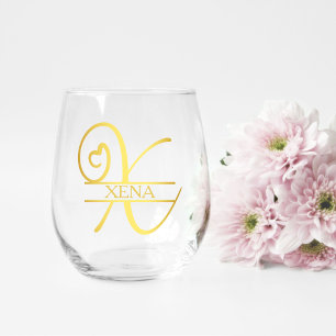 Letter X Monogram Bridesmaid Gift, Modern Elegant Stemless Wine Glass