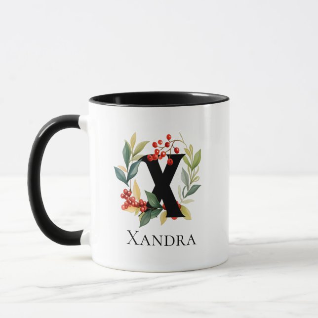 Letter X Monogram Initial Christmas Berry Wreath Mug (Left)