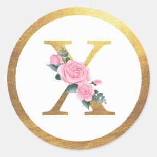 Letter X Monogram Pink Roses Floral & Elegant Gold Classic Round Sticker