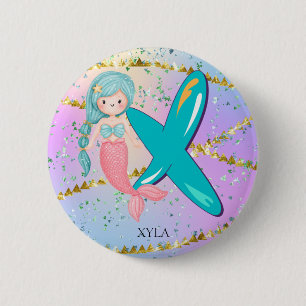 Letter X Monogram Watercolor Cute Mermaid Nursery 6 Cm Round Badge