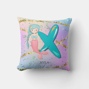 Letter X Monogram Watercolor Cute Mermaid Nursery Cushion