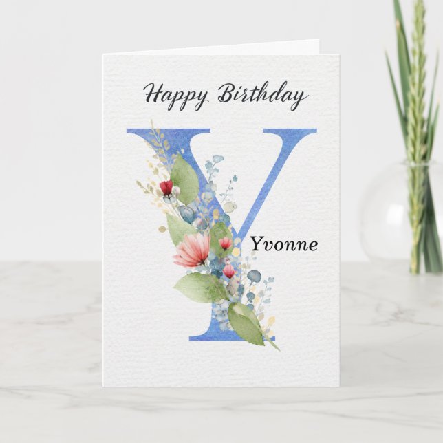 Letter Y Birthday Custom Name Her Blue Monogram Card (Front)