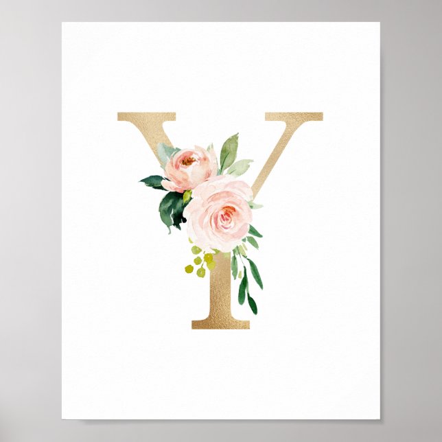Letter Y Blush Floral Monogram Faux Gold Foil Poster (Front)