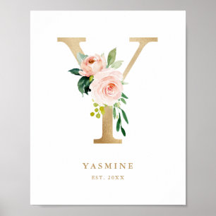 Letter Y Blush Floral Monogram Gold Foil Nursery Poster