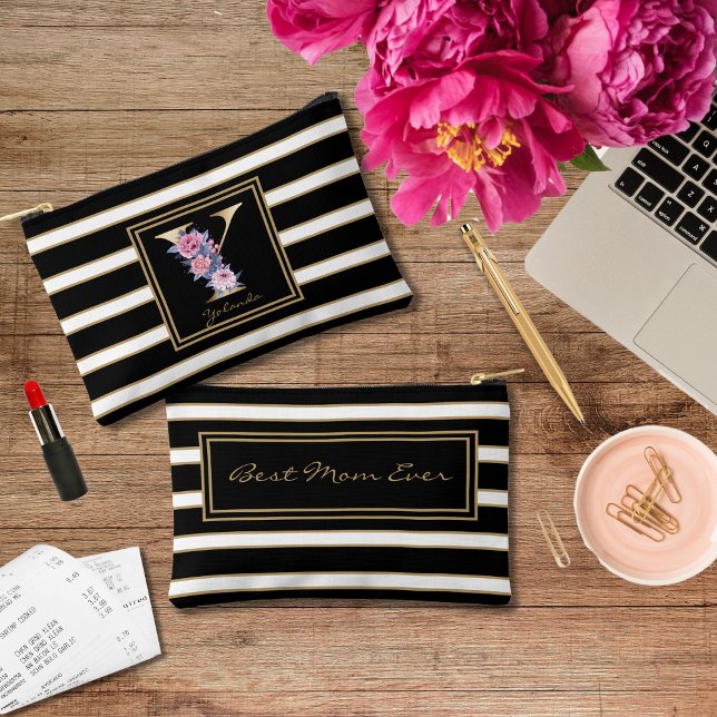 Letter Y Floral Monogram Black White Gold Stripes Accessory Pouch (Creator Uploaded)