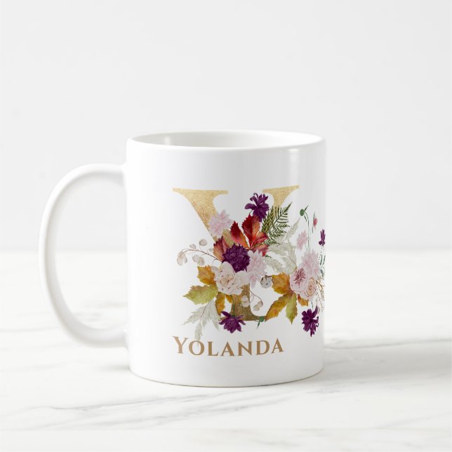 Letter Y - Gold Floral Name sister coworker friend Coffee Mug (Left)