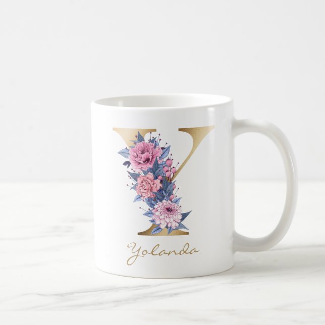 Letter Y Gold Monogram Pink Blue Floral Coffee Mug (Right)
