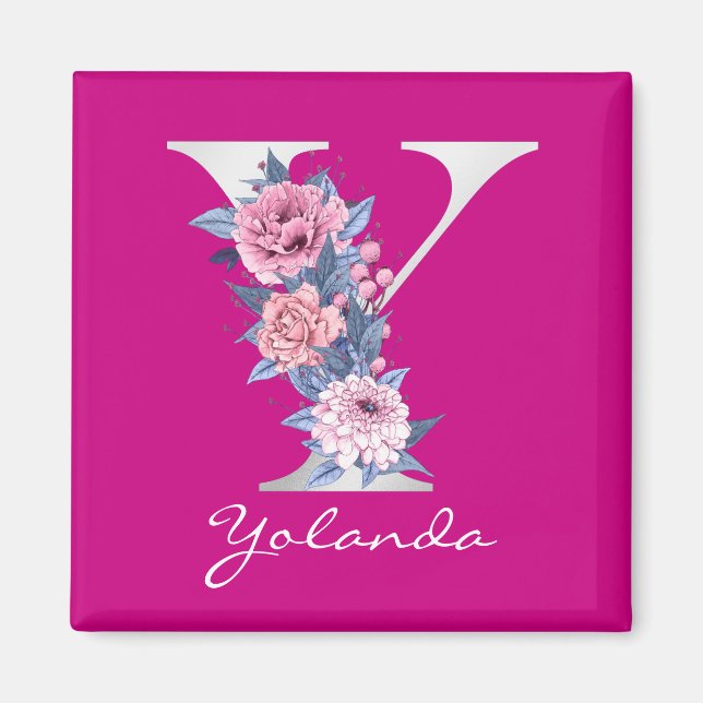 Letter Y Magenta Floral White Metallic Monogram Magnet (Front)