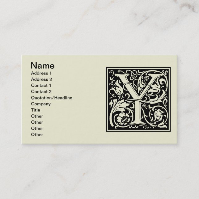 Letter Y Mediaeval Monogram Art Nouveau Business Card (Front)