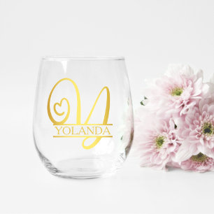 Letter Y Monogram Bridesmaid Gift, Modern Elegant Stemless Wine Glass