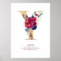 Letter Y Monogram Floral Navy Blue and Burgundy