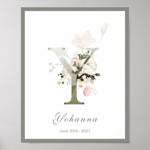 Letter Y Monogram Pink Floral Nursery Poster