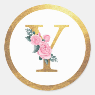 Letter Y Monogram Pink Roses Floral & Elegant Gold Classic Round Sticker