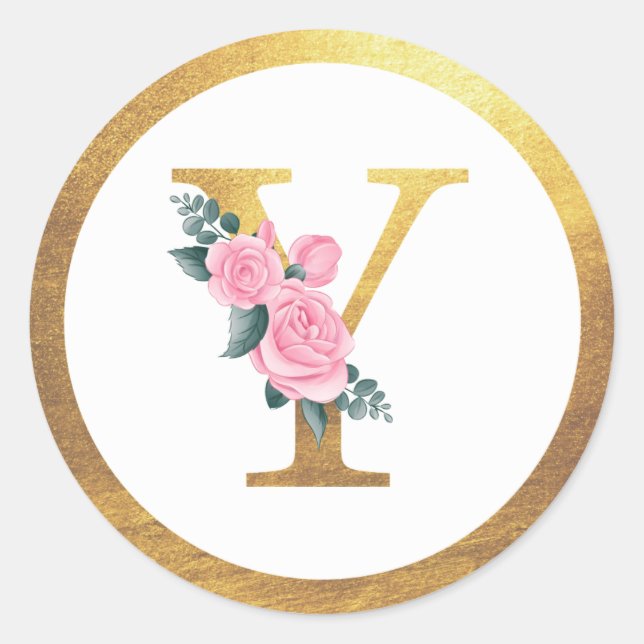 Letter Y Monogram Pink Roses Floral & Elegant Gold Classic Round Sticker (Front)