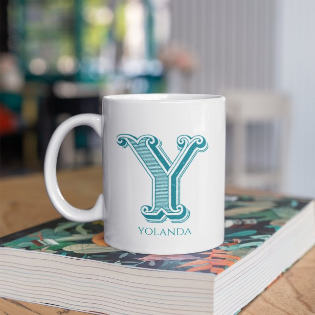 Letter Y Teal Monogram Modern Name Coffee Mug (Creator Uploaded)