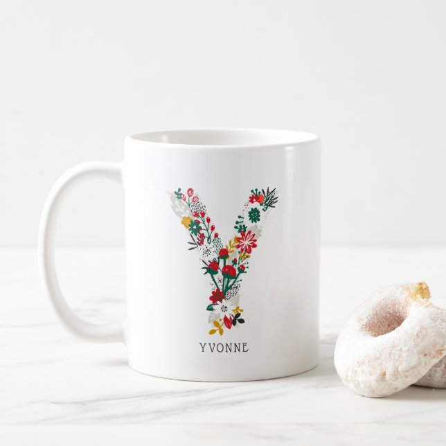 Letter Y | Whimsical Floral Letter Monogram I Mug (With Donut)