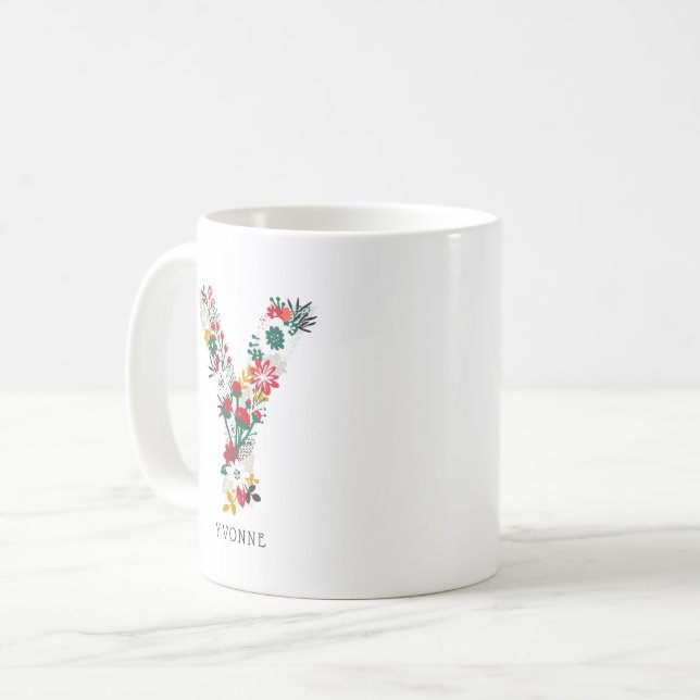 Mug Blanc Céramique - Initiale Y Avec Monogramme Floral