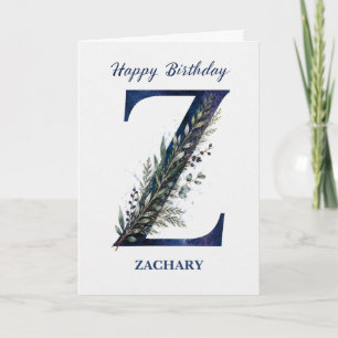Letter Z Birthday for Him Personalised Name Blue Card