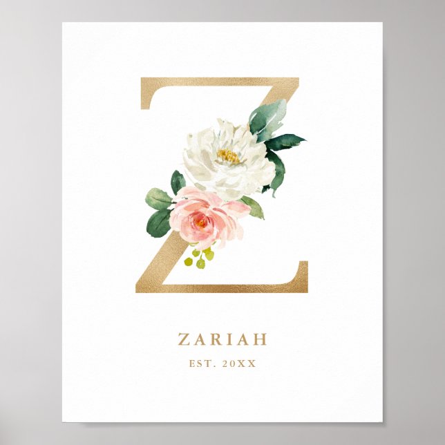 Letter Z Blush Floral Monogram Gold Foil Nursery Poster (Front)