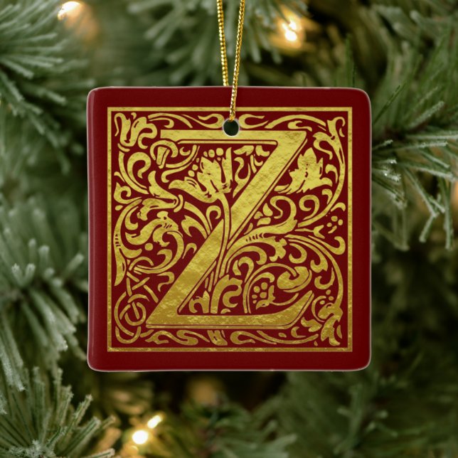 Letter Z First Letter Faux Gold Red Ceramic Ornament (Tree)