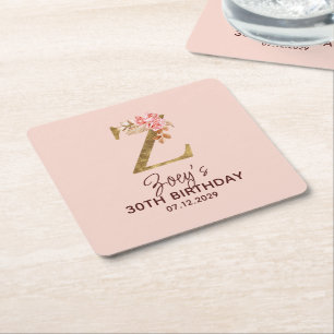Letter Z Gold Monogram Blush Pink Roses Square Paper Coaster