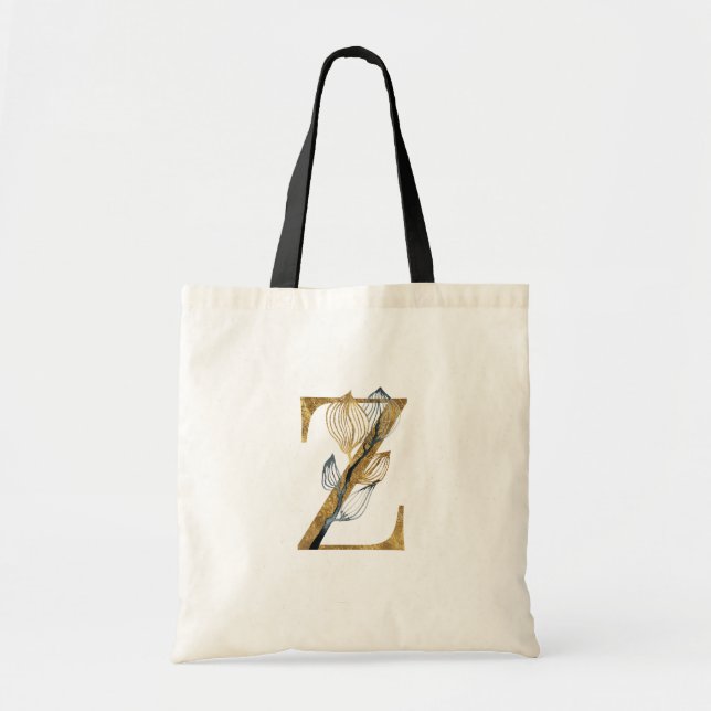 *~* Letter Z Gold Monogram Initial Black Leaves Tote Bag (Front)